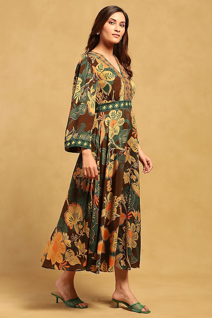 Brown Viscose Crepe Botanical Printed Maxi Summer Dress by Ritu Kumar at Pernia's Pop Up Shop