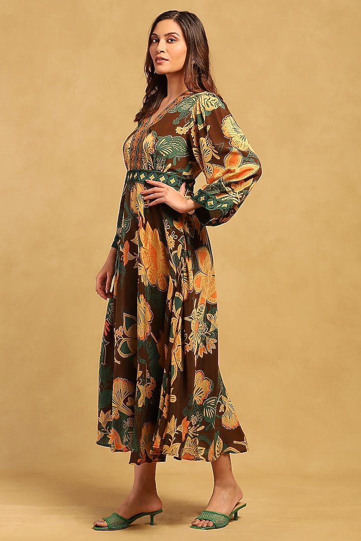 Brown Viscose Crepe Botanical Printed Maxi Summer Dress by Ritu Kumar at Pernia's Pop Up Shop