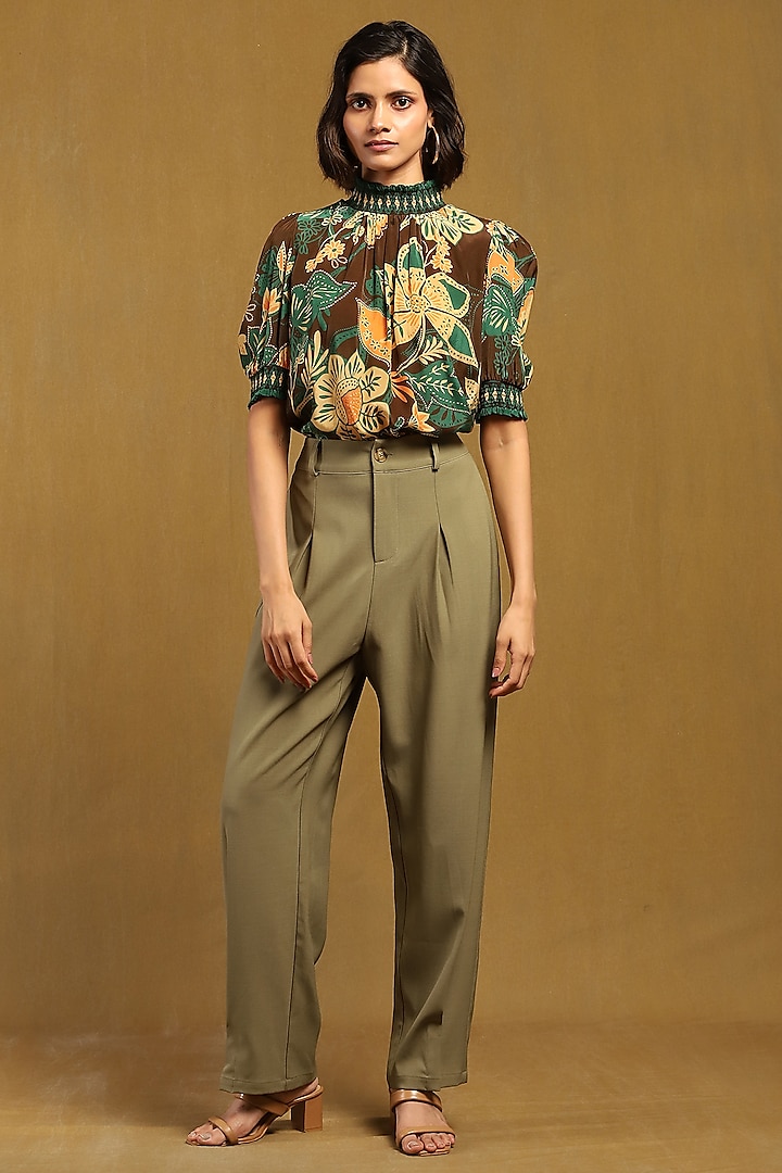 Brown Viscose Crepe Botanical Printed Top by Ritu Kumar at Pernia's Pop Up Shop