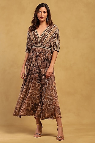 Black Viscose Crepe Floral Printed Maxi Dress by Ritu Kumar