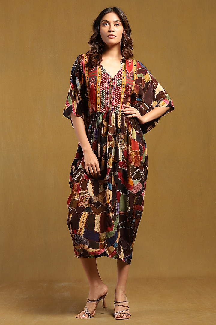 Brown Viscose Crepe Abstract Printed Midi Dress by Ritu Kumar at Pernia's Pop Up Shop