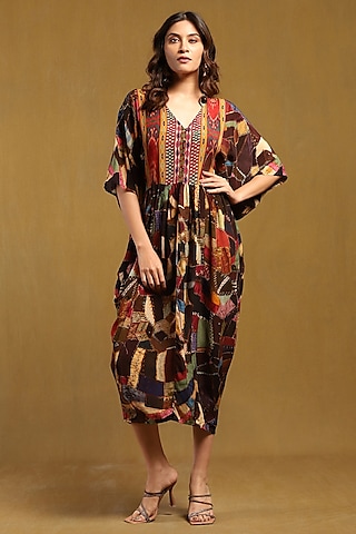 Brown Viscose Crepe Abstract Printed Midi Dress by Ritu Kumar