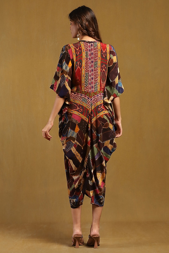 Brown Viscose Crepe Abstract Printed Midi Summer Dress by Ritu Kumar at Pernia's Pop Up Shop