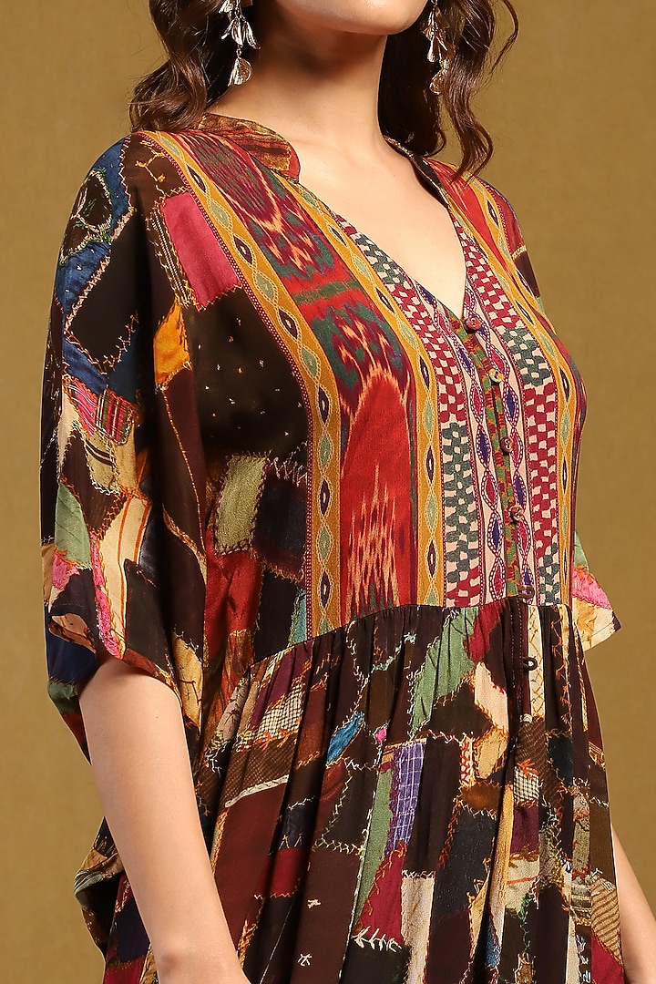 Brown Viscose Crepe Abstract Printed Midi Summer Dress by Ritu Kumar at Pernia's Pop Up Shop