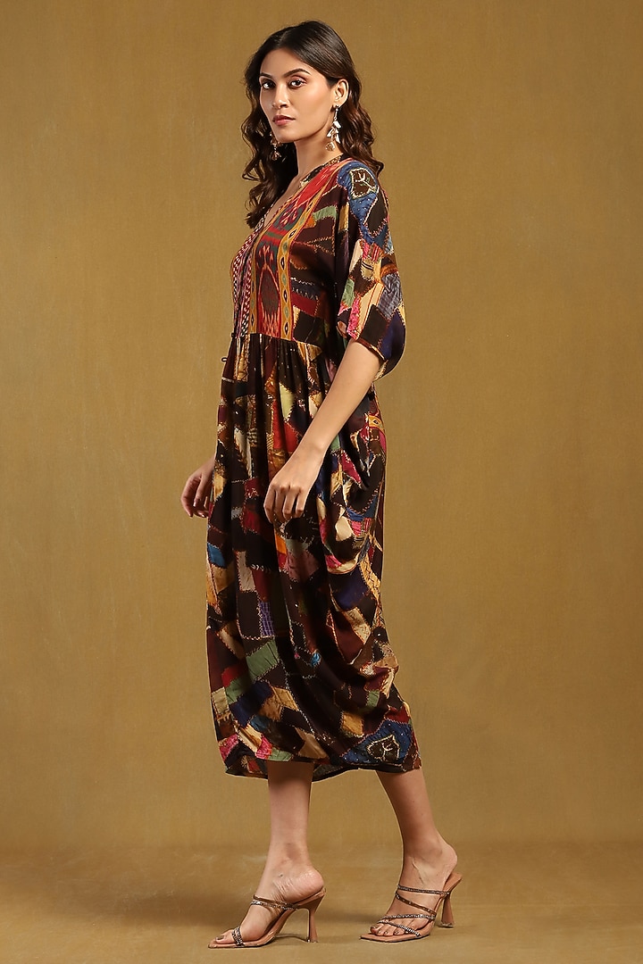 Brown Viscose Crepe Abstract Printed Midi Summer Dress by Ritu Kumar at Pernia's Pop Up Shop