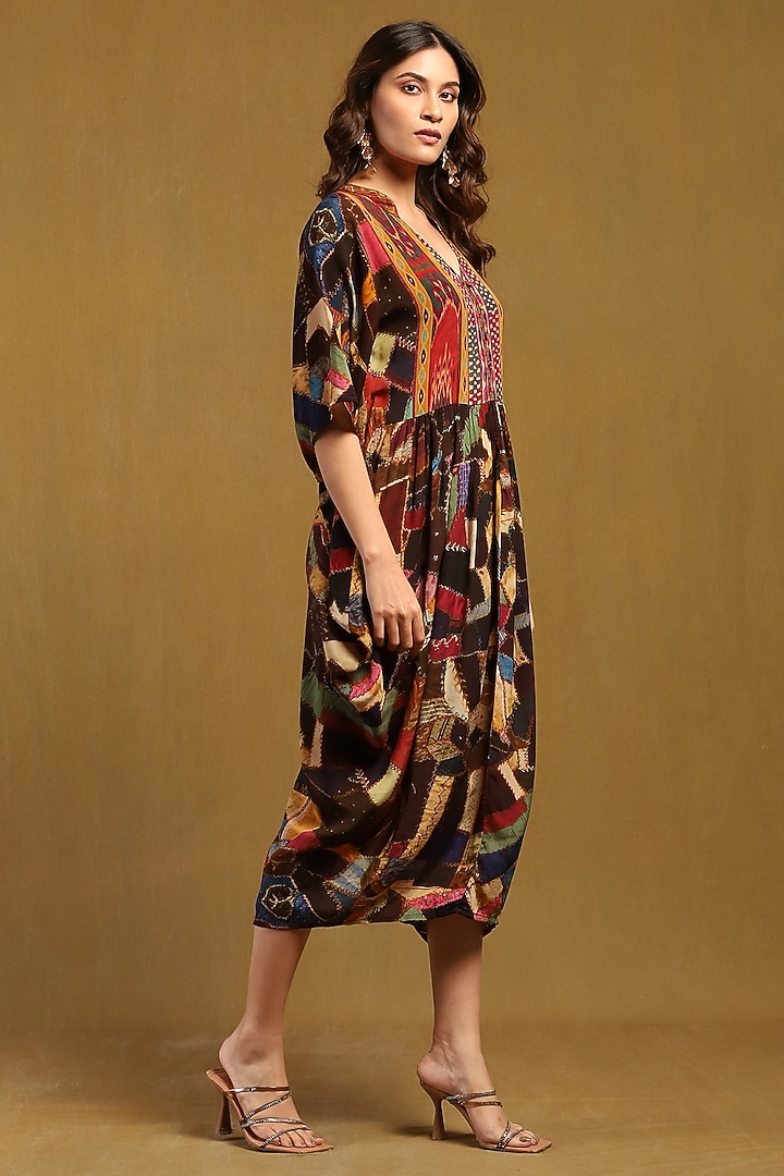 Brown Viscose Crepe Abstract Printed Midi Summer Dress by Ritu Kumar at Pernia's Pop Up Shop
