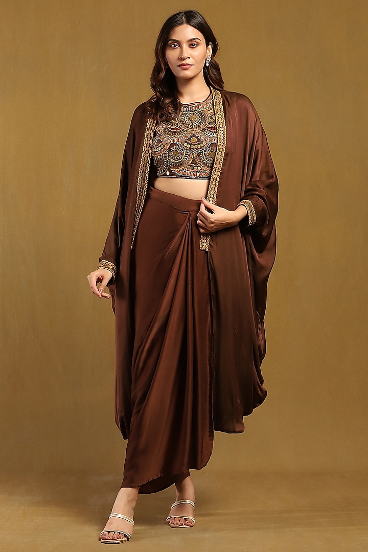 Brown Satin Cape Set by Ritu Kumar at Pernia's Pop Up Shop