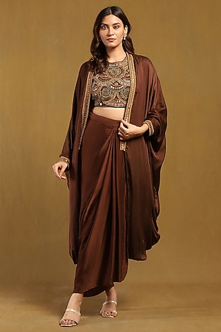 Brown Satin Cape Set by Ritu Kumar