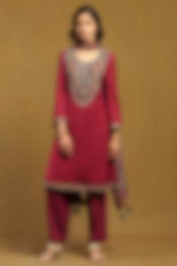 Red Satin Kurta Set by Ritu Kumar at Pernia's Pop Up Shop