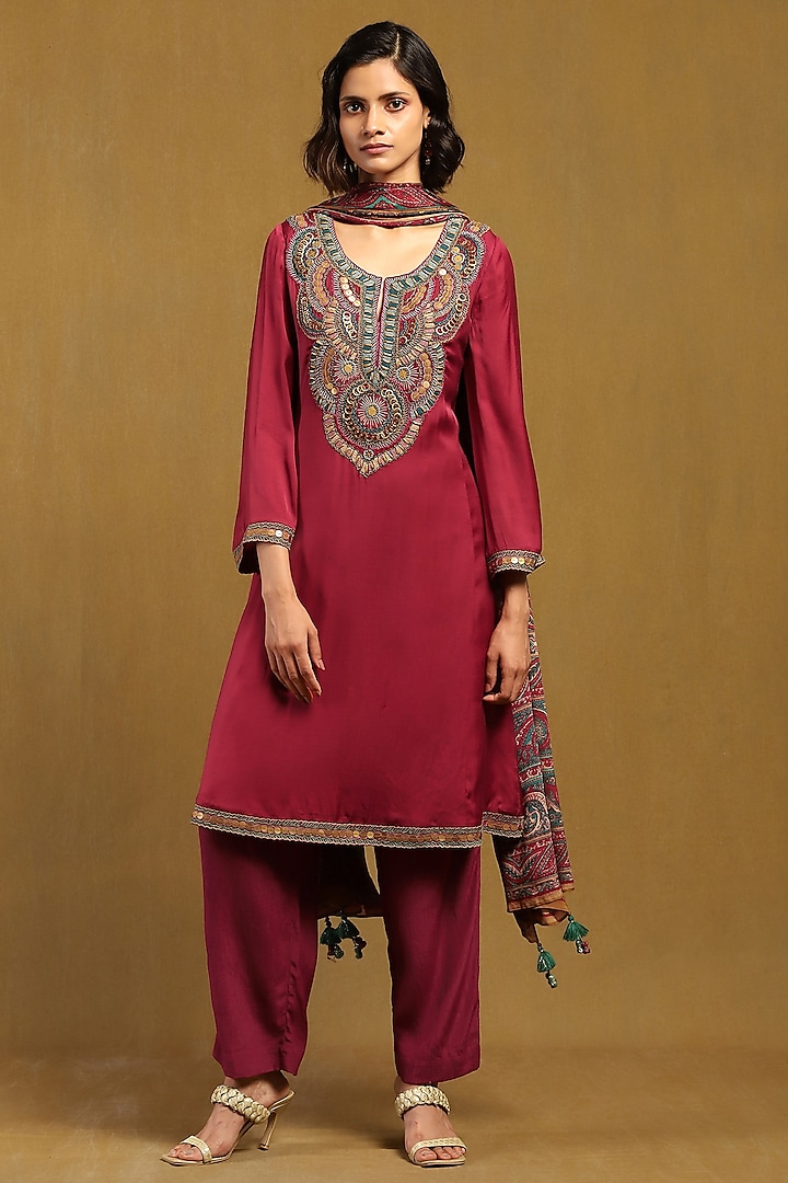 Red Satin Kurta Set by Ritu Kumar at Pernia's Pop Up Shop