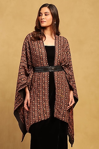 Brown Modal Wool Cotton Floral Printed Shrug by Ritu Kumar