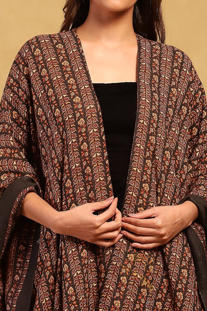 Brown Modal Wool Cotton Floral Printed Shrug by Ritu Kumar at Pernia's Pop Up Shop