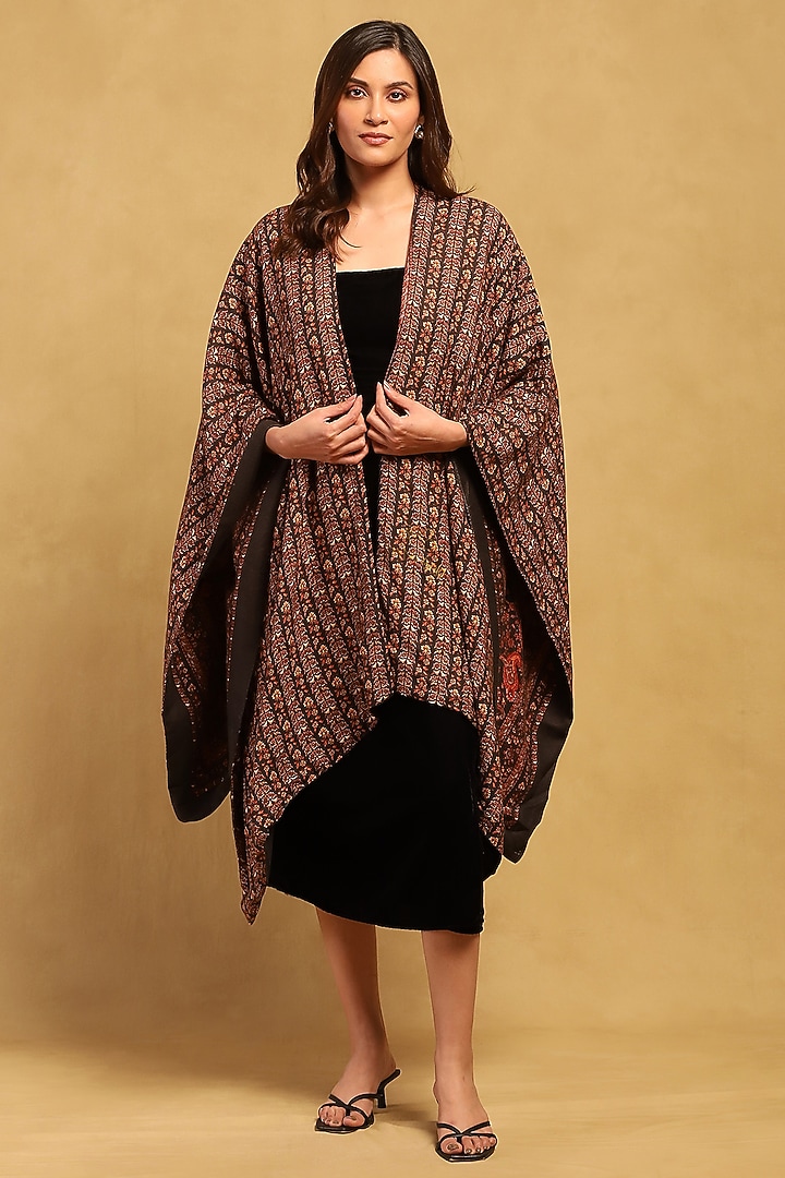 Brown Modal Wool Cotton Floral Printed Shrug by Ritu Kumar at Pernia's Pop Up Shop