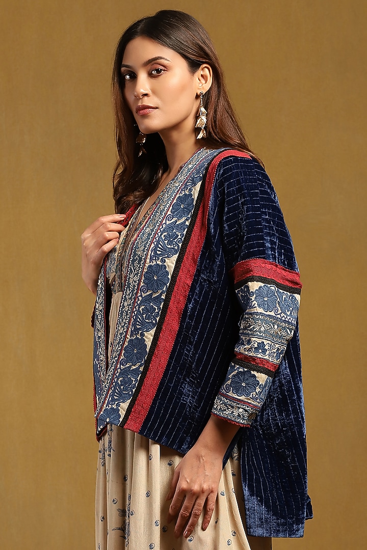 Blue Silk Velvet Jacket by Ritu Kumar at Pernia's Pop Up Shop