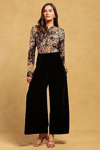 Black Viscose Crepe Paisley Printed Shirt by Ritu Kumar