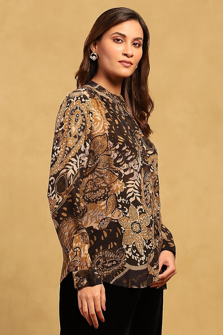 Black Viscose Crepe Paisley Printed Shirt by Ritu Kumar at Pernia's Pop Up Shop