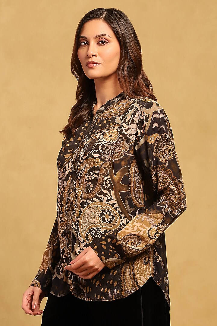 Black Viscose Crepe Paisley Printed Shirt by Ritu Kumar at Pernia's Pop Up Shop