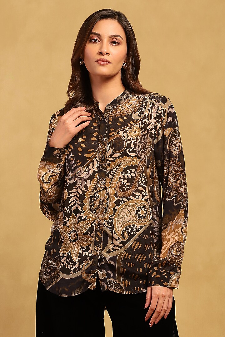 Black Viscose Crepe Paisley Printed Shirt by Ritu Kumar at Pernia's Pop Up Shop