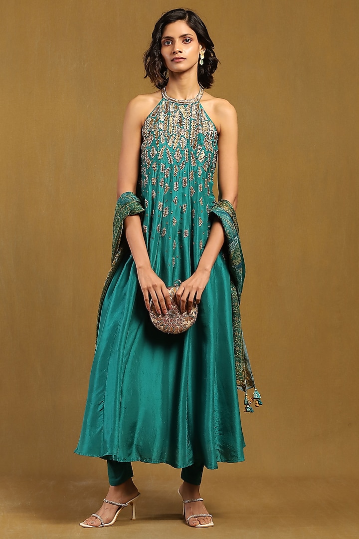 Blue Poly Dupion Kurta Set by Ritu Kumar at Pernia's Pop Up Shop