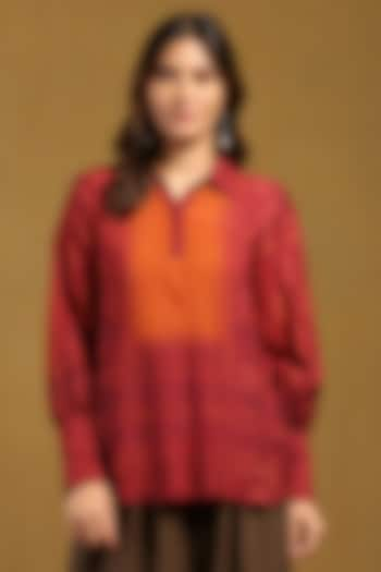 Red Rayon Slub Shibori Printed Top by Ritu Kumar at Pernia's Pop Up Shop