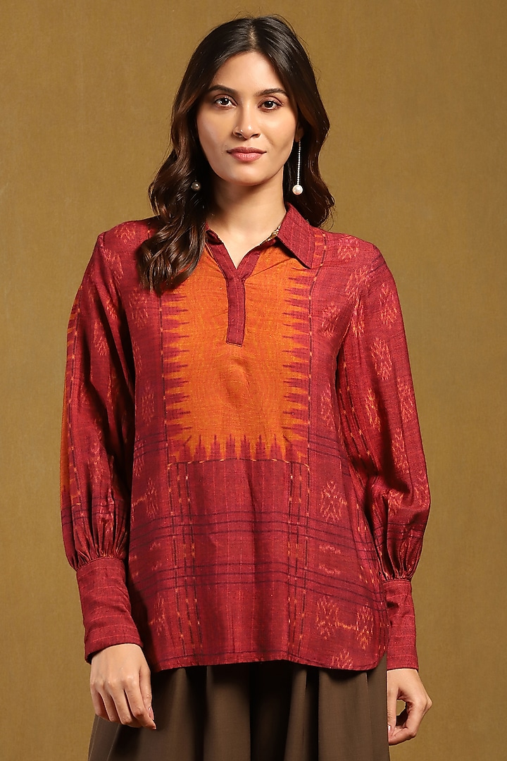 Red Rayon Slub Shibori Printed Top by Ritu Kumar at Pernia's Pop Up Shop