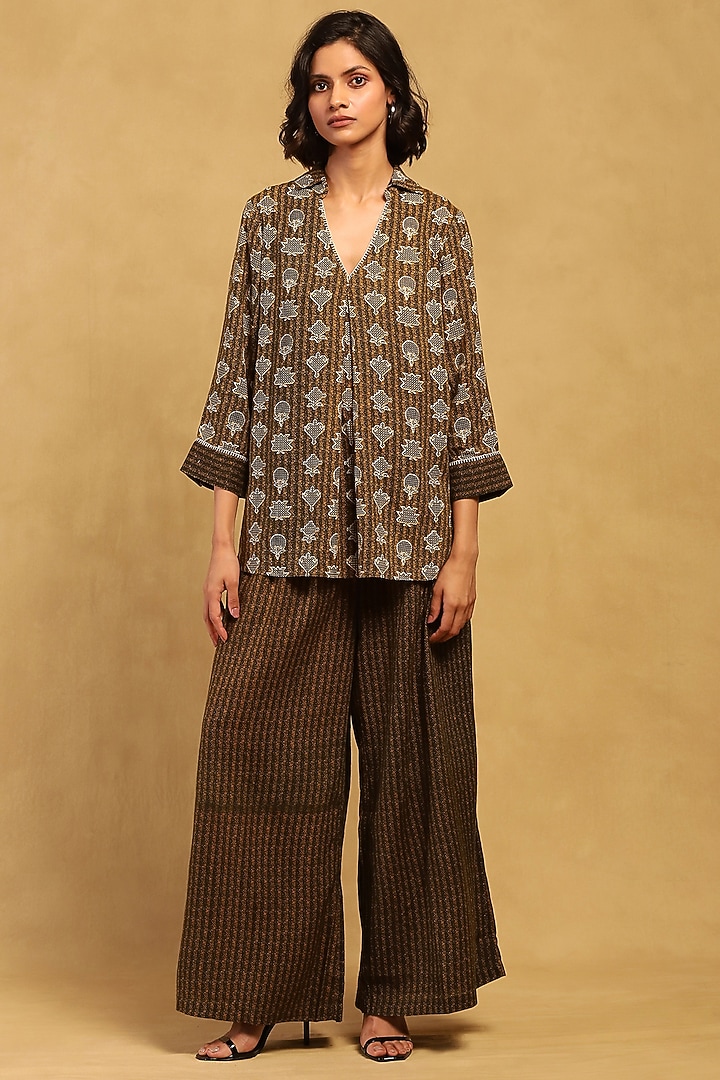 Green Rayon Slub Aztec Printed Shirt by Ritu Kumar at Pernia's Pop Up Shop