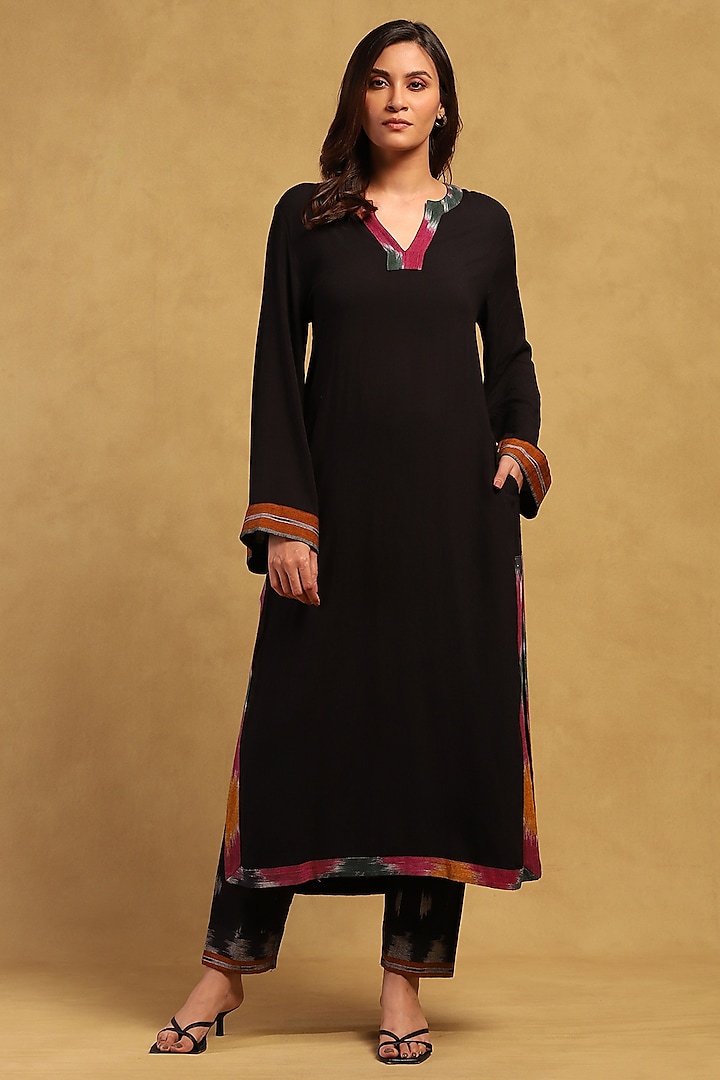 Black Rayon Slub Ikat Kurta Set by Ritu Kumar at Pernia's Pop Up Shop