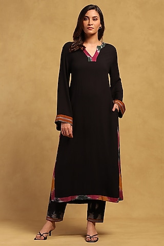 Black Rayon Slub Ikat Kurta Set by Ritu Kumar