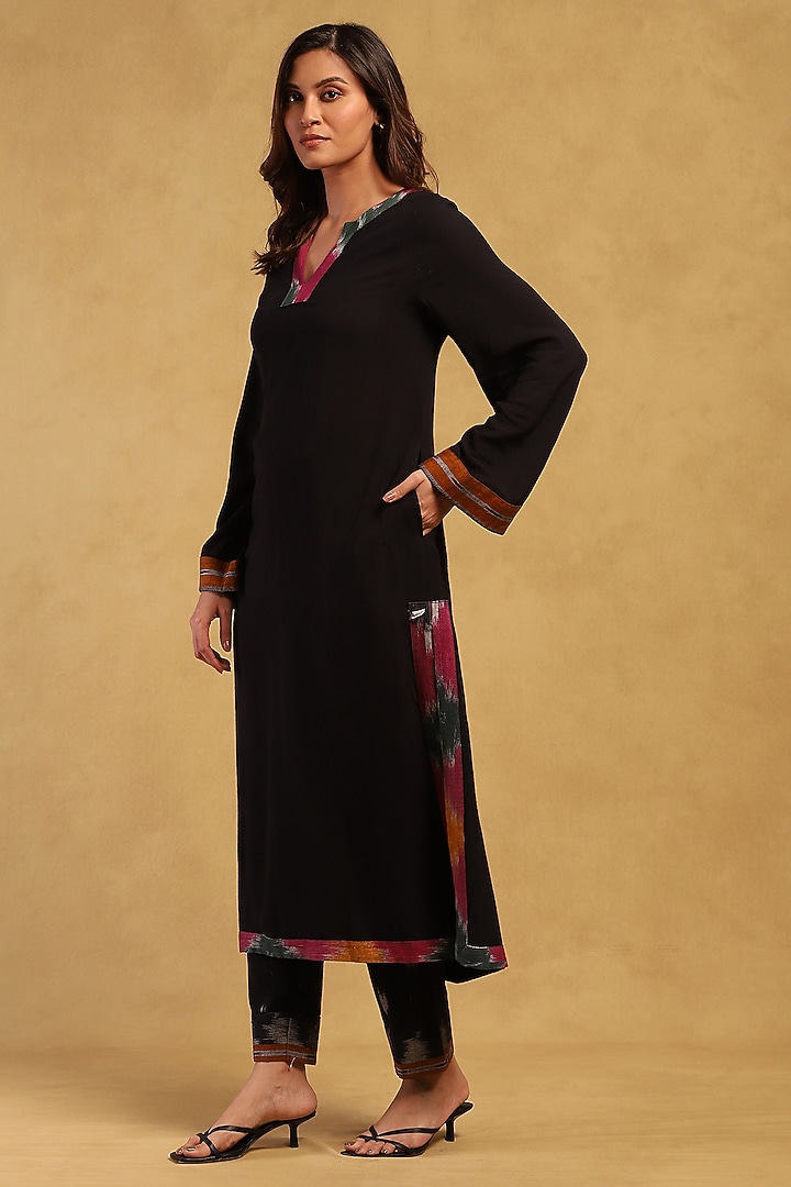 Black Rayon Slub Ikat Kurta Set by Ritu Kumar at Pernia's Pop Up Shop
