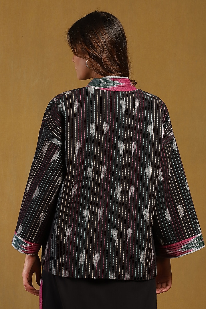 Black Cotton Yarn Dyed Ikat Printed Jacket by Ritu Kumar at Pernia's Pop Up Shop