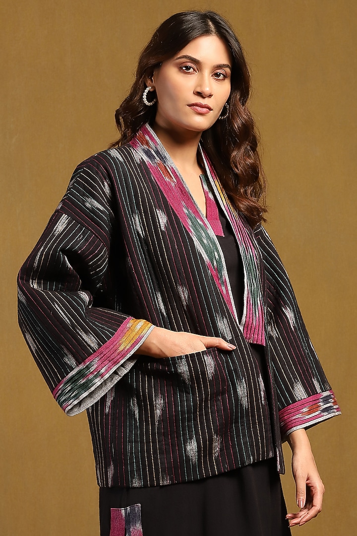 Black Cotton Yarn Dyed Ikat Printed Jacket by Ritu Kumar at Pernia's Pop Up Shop