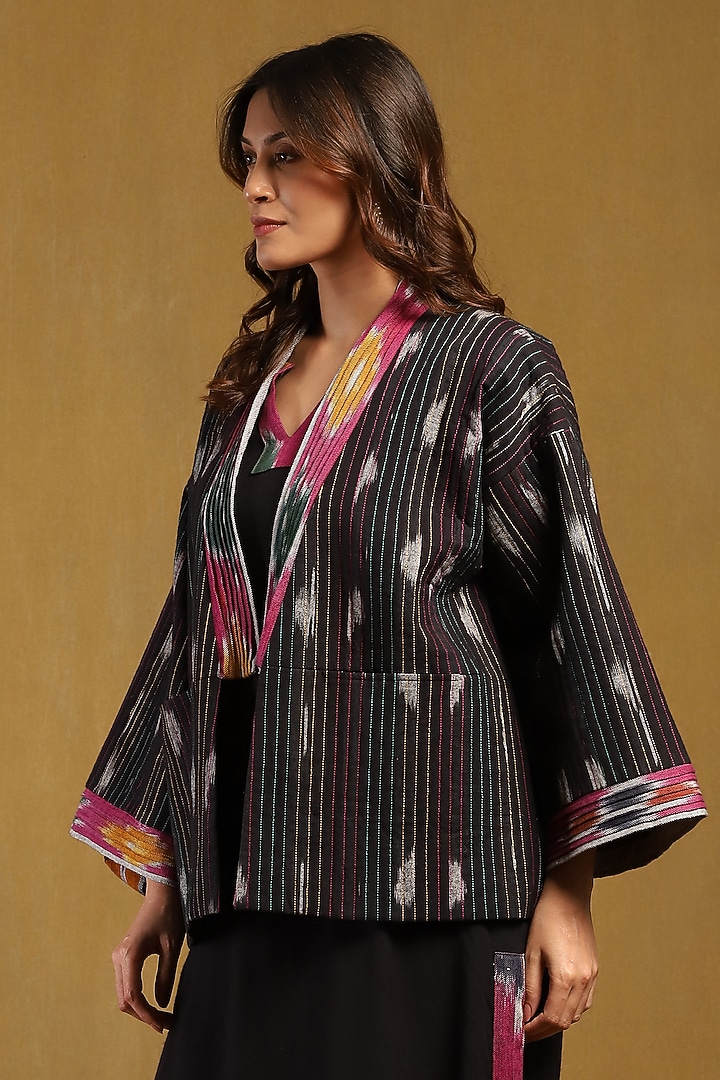 Black Cotton Yarn Dyed Ikat Printed Jacket by Ritu Kumar at Pernia's Pop Up Shop