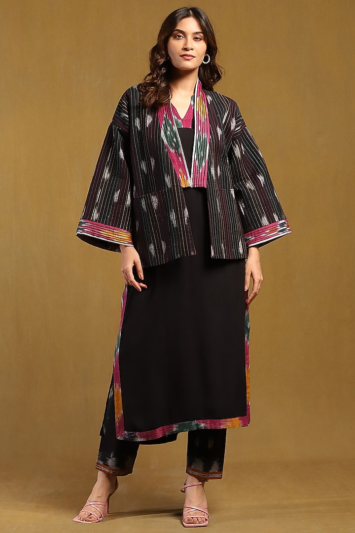 Black Cotton Yarn Dyed Ikat Printed Jacket by Ritu Kumar at Pernia's Pop Up Shop