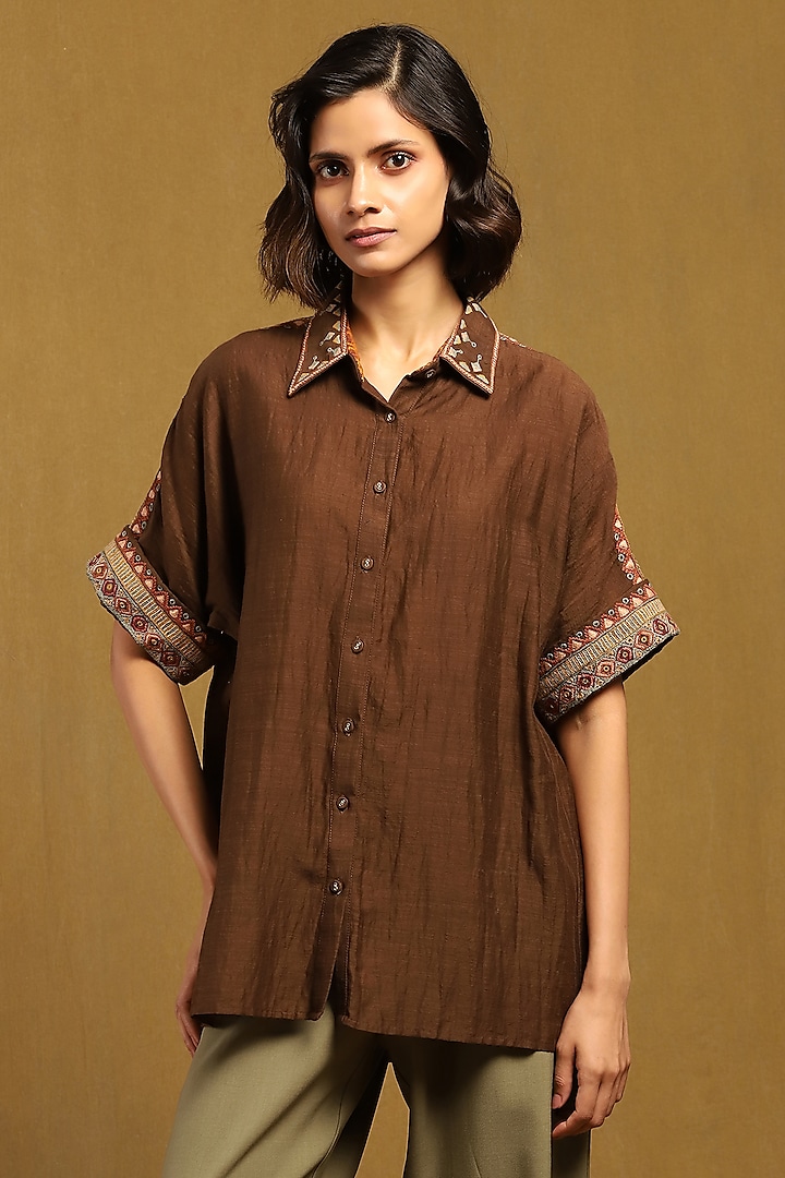 Brown Cotton Silk Shirt by Ritu Kumar at Pernia's Pop Up Shop