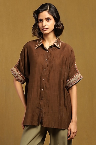Brown Cotton Silk Shirt by Ritu Kumar