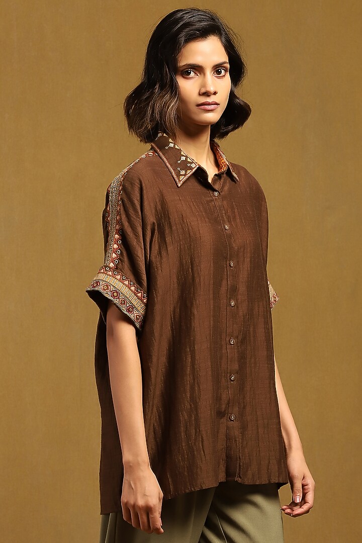 Brown Cotton Silk Shirt by Ritu Kumar at Pernia's Pop Up Shop