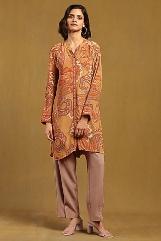 Beige Viscose Chiffon Floral Printed Shirt by Ritu Kumar
