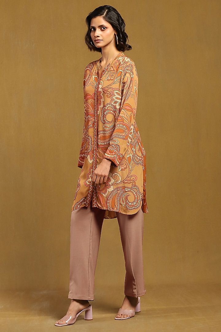 Beige Viscose Chiffon Floral Printed Shirt by Ritu Kumar at Pernia's Pop Up Shop