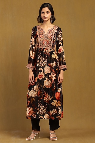 Black Silk Velvet Floral Printed Kurta Set by Ritu Kumar