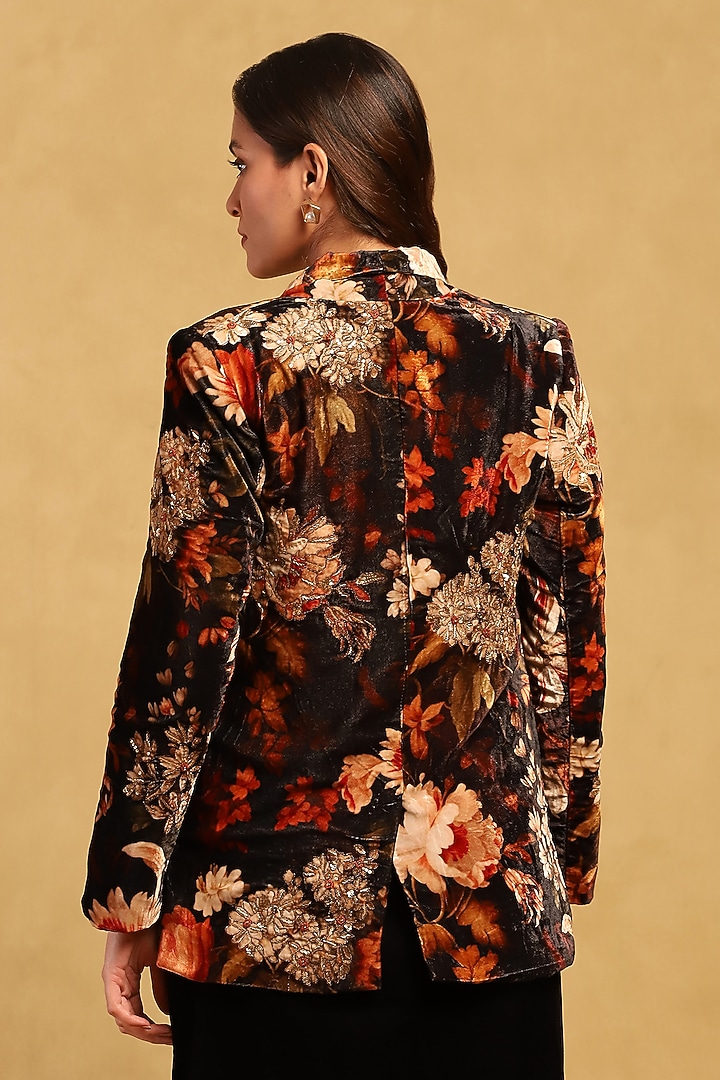 Black Silk Velvet Floral Printed Jacket by Ritu Kumar at Pernia's Pop Up Shop