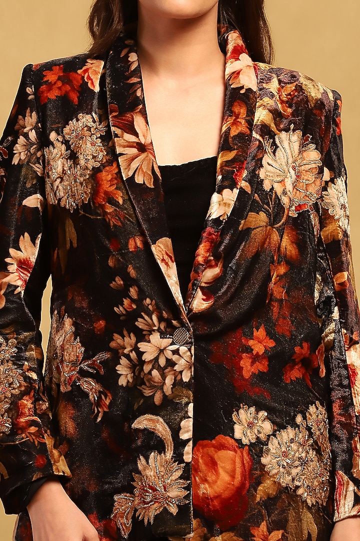 Black Silk Velvet Floral Printed Jacket by Ritu Kumar at Pernia's Pop Up Shop