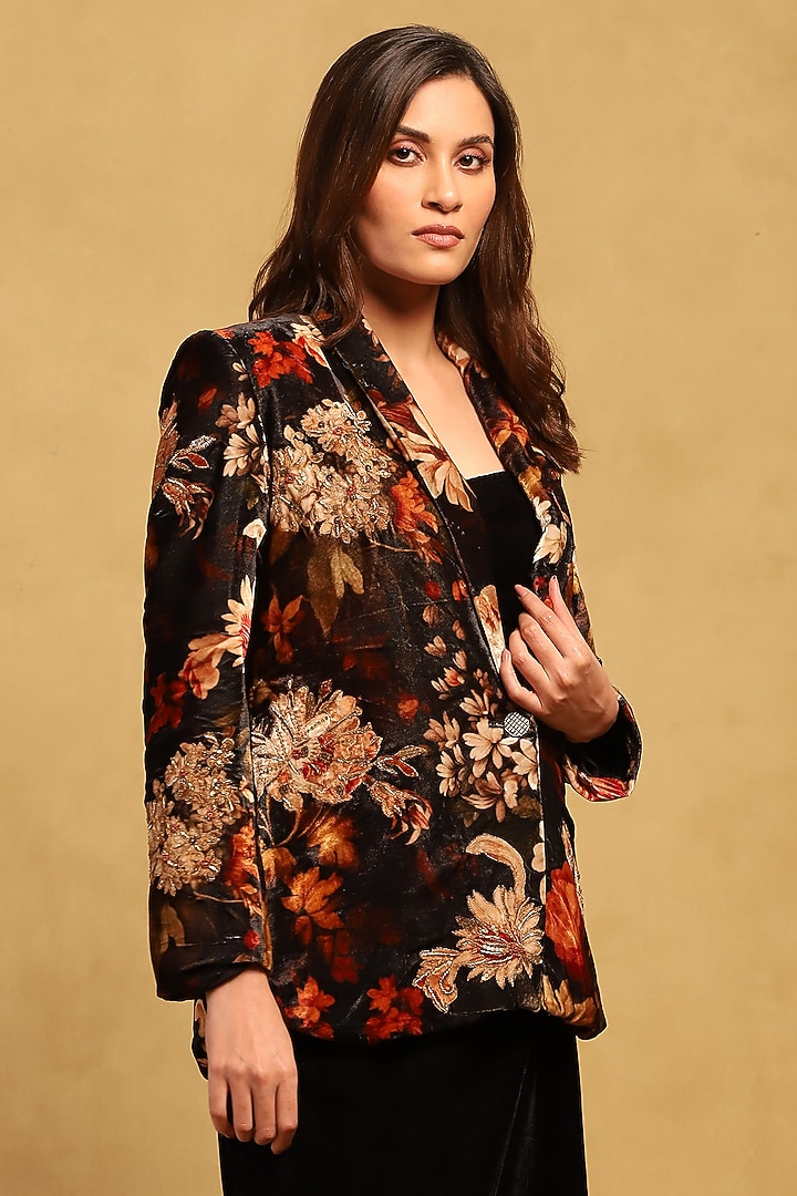 Black Silk Velvet Floral Printed Jacket by Ritu Kumar at Pernia's Pop Up Shop