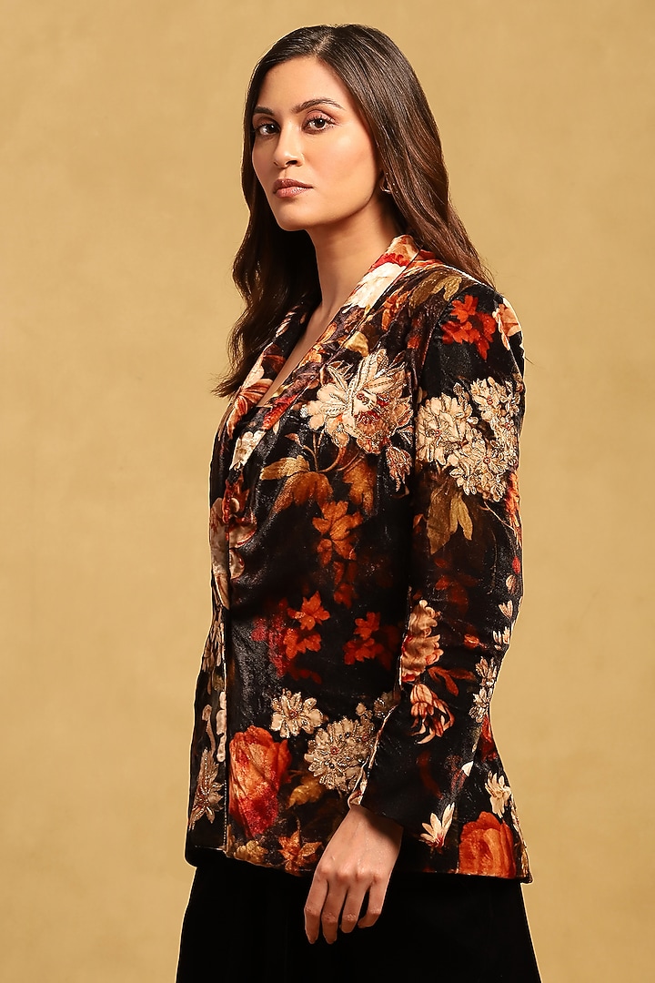 Black Silk Velvet Floral Printed Jacket by Ritu Kumar at Pernia's Pop Up Shop