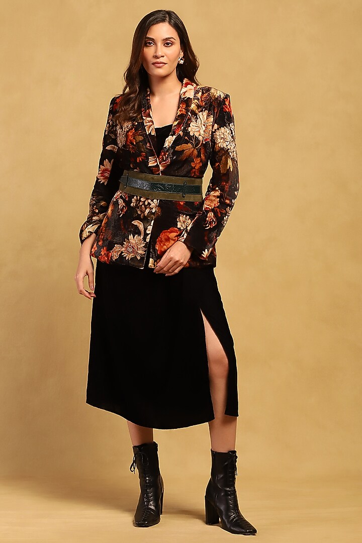 Black Silk Velvet Floral Printed Jacket by Ritu Kumar at Pernia's Pop Up Shop