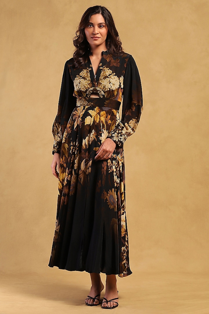 Black Viscose Crepe Floral Printed Maxi Dress by Ritu Kumar at Pernia's Pop Up Shop