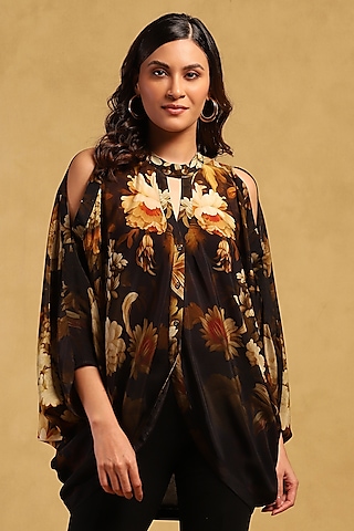 Black Viscose Crepe Floral Printed Top by Ritu Kumar