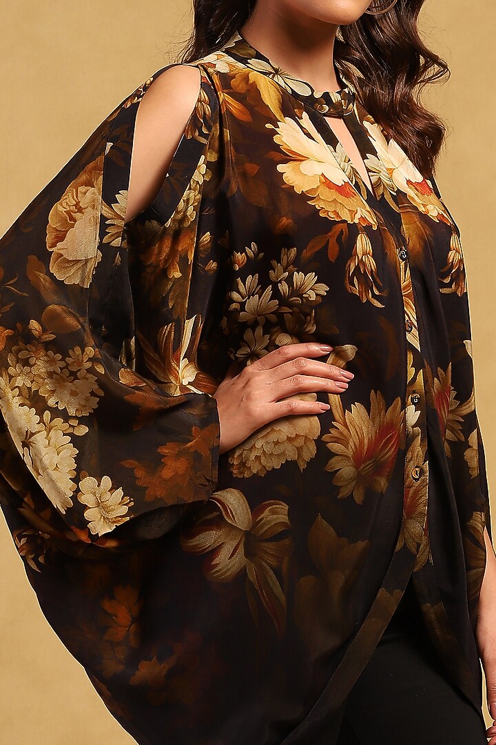 Black Viscose Crepe Floral Printed Top by Ritu Kumar at Pernia's Pop Up Shop