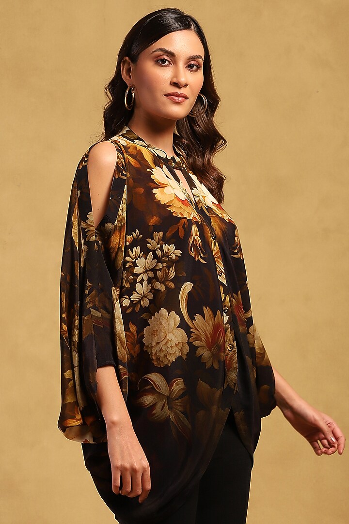 Black Viscose Crepe Floral Printed Top by Ritu Kumar at Pernia's Pop Up Shop