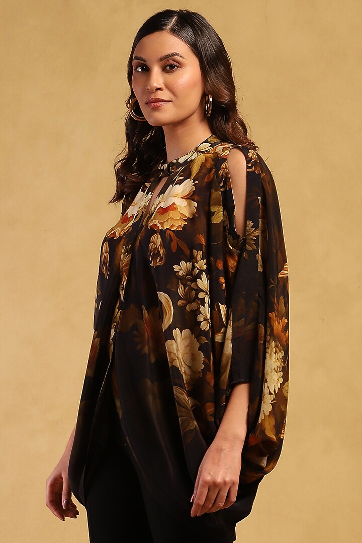 Black Viscose Crepe Floral Printed Top by Ritu Kumar at Pernia's Pop Up Shop