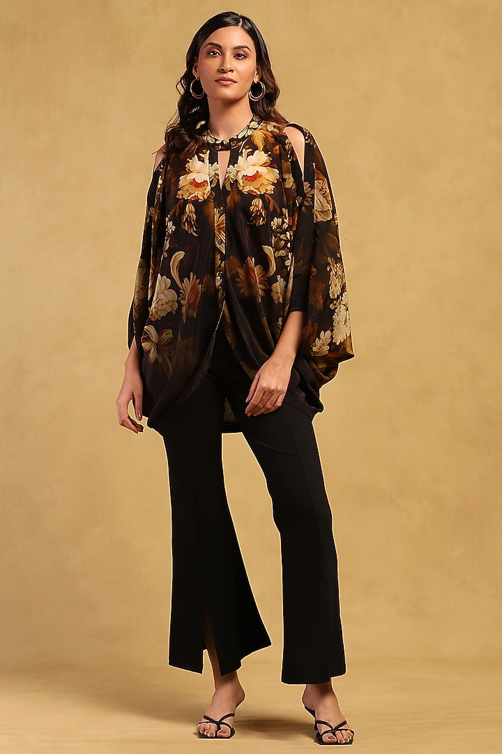 Black Viscose Crepe Floral Printed Top by Ritu Kumar at Pernia's Pop Up Shop